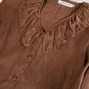 Vintage Washed Silk Peasant Blouse Tobacco Brown